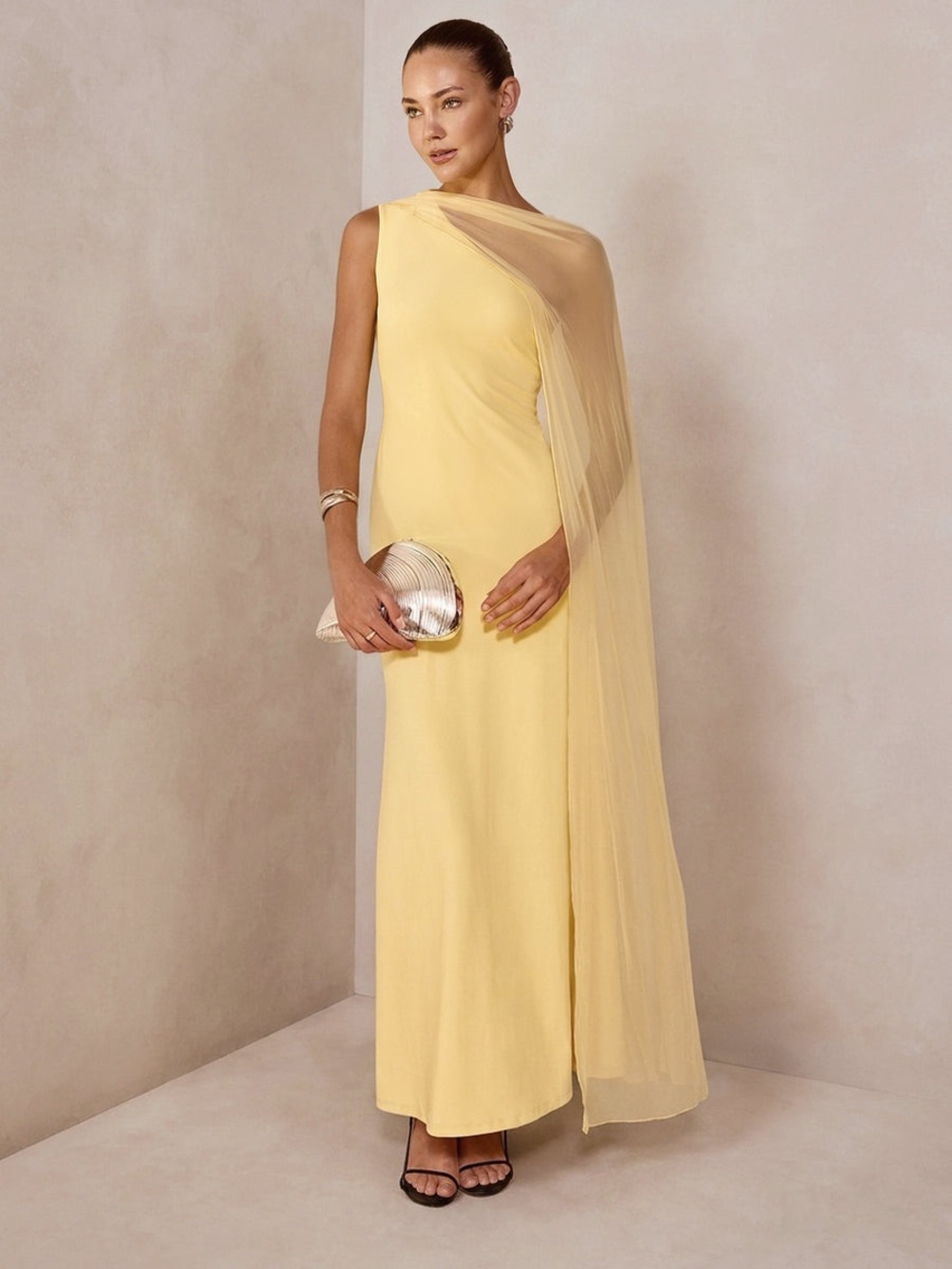 Commense Butter Yellow Drape Slim Maxi Evening Dress
